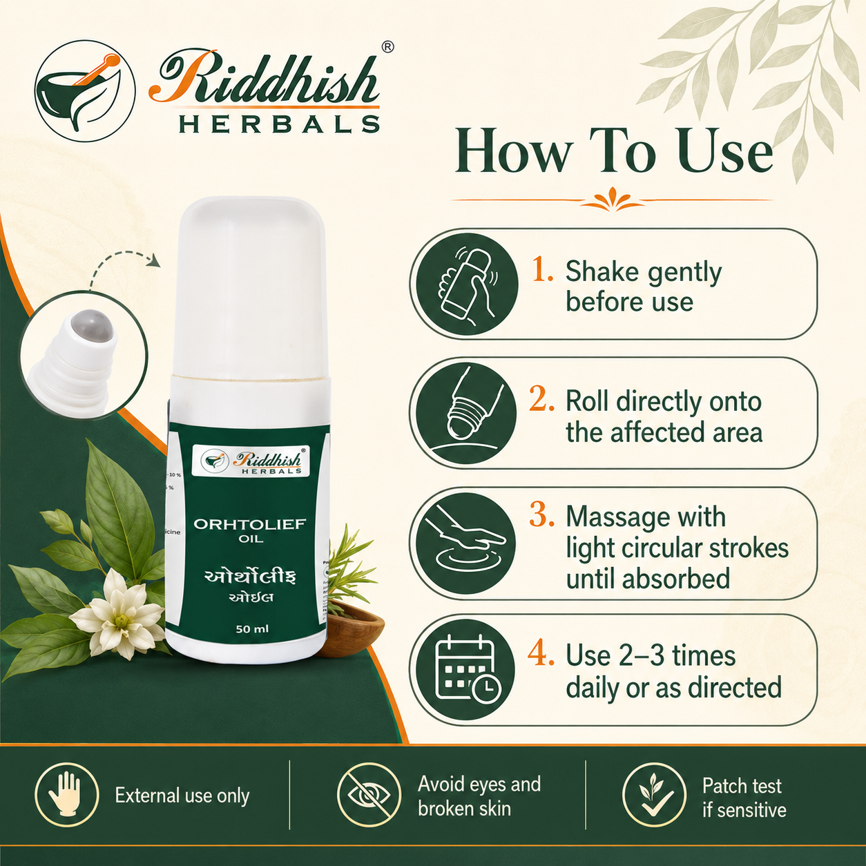 How to use Ortholief Oil roll-on shake apply massage and use two to three times daily for external use