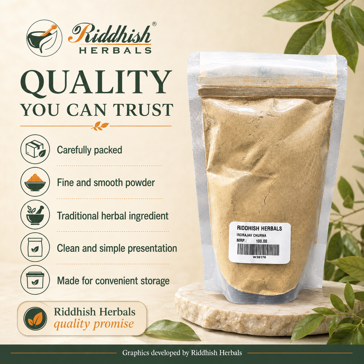 Indrajav Churna quality you can trust infographic with carefully packed fine smooth powder traditional herbal ingredient and convenient storage