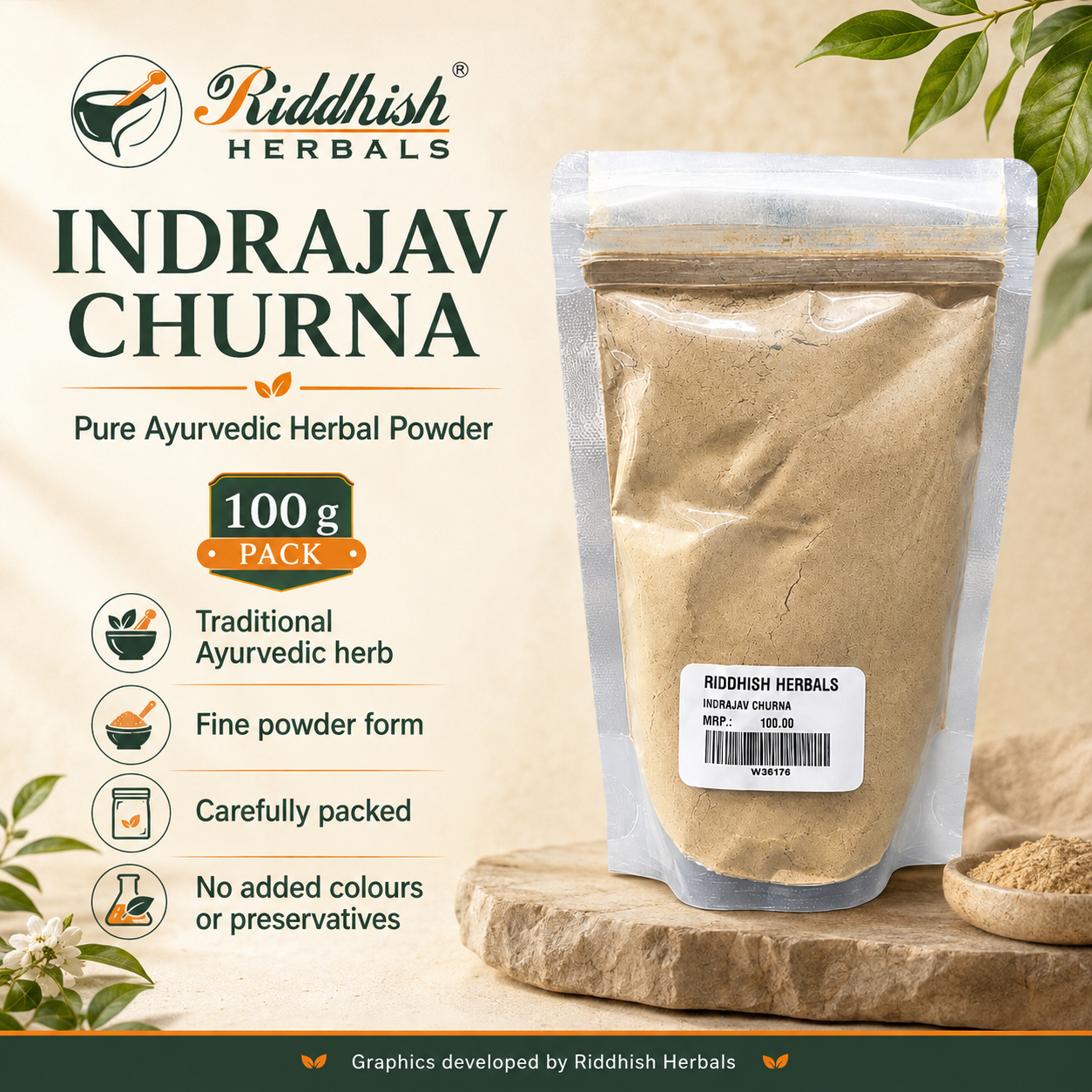 Riddhish Herbals Indrajav Churna 100 g hero infographic with Ayurvedic herbal powder and product pack