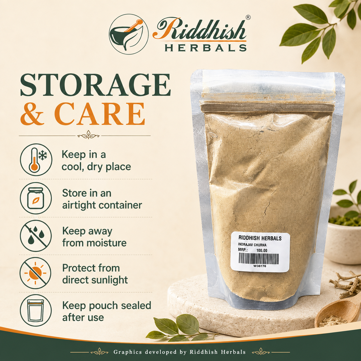 Indrajav Churna storage and care infographic with cool dry place airtight container moisture protection sunlight protection and sealed pouch guidance