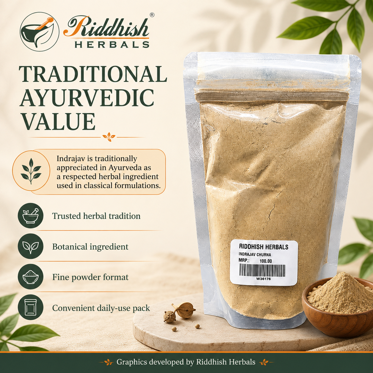 Indrajav Churna traditional Ayurvedic value infographic with Riddhish Herbals product pack