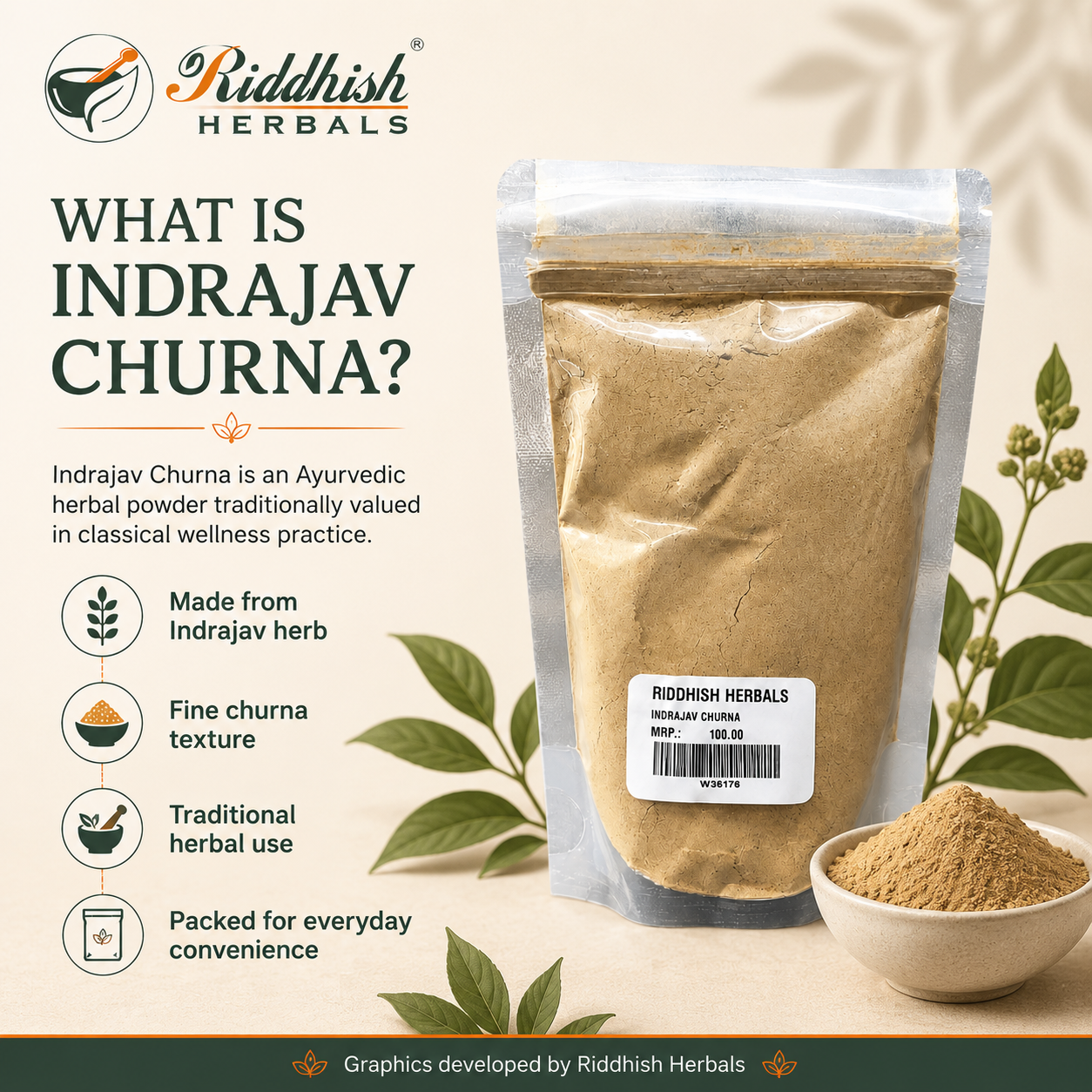 What is Indrajav Churna infographic for Riddhish Herbals Ayurvedic herbal powder