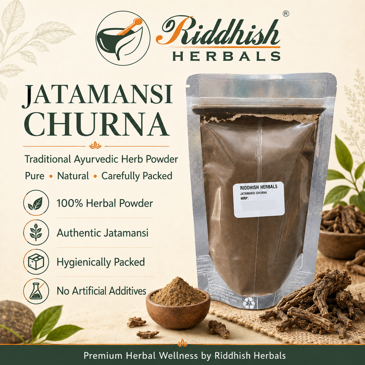 Riddhish Herbals Jatamansi Churna hero infographic
