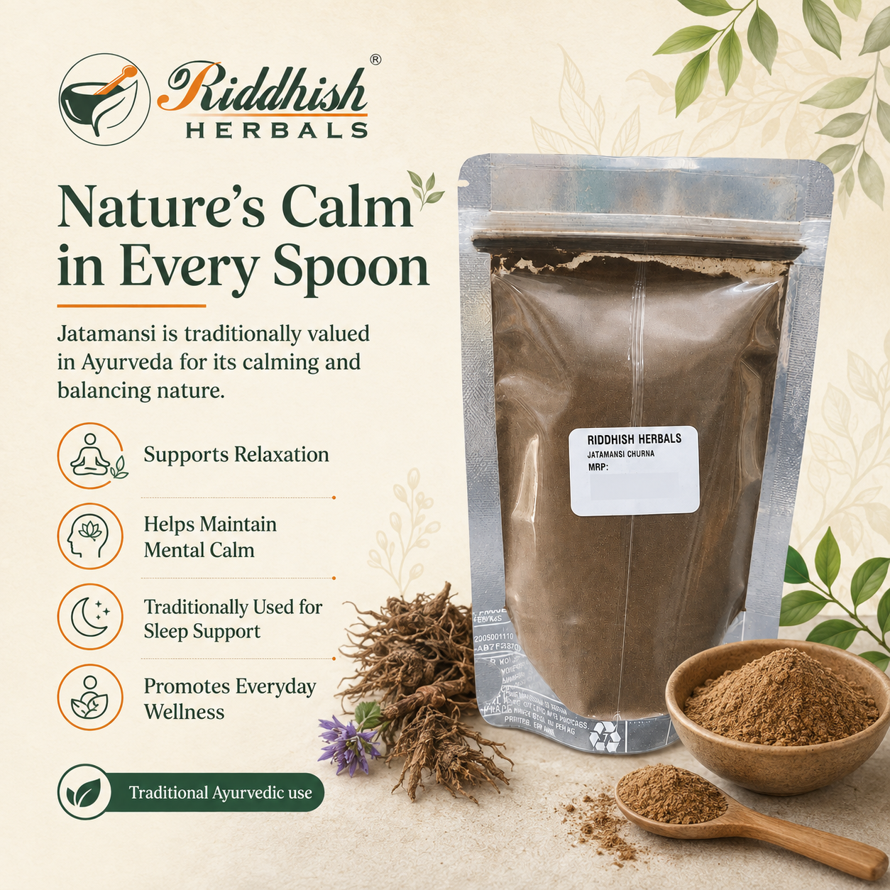 Jatamansi Churna nature calm traditional Ayurvedic wellness infographic