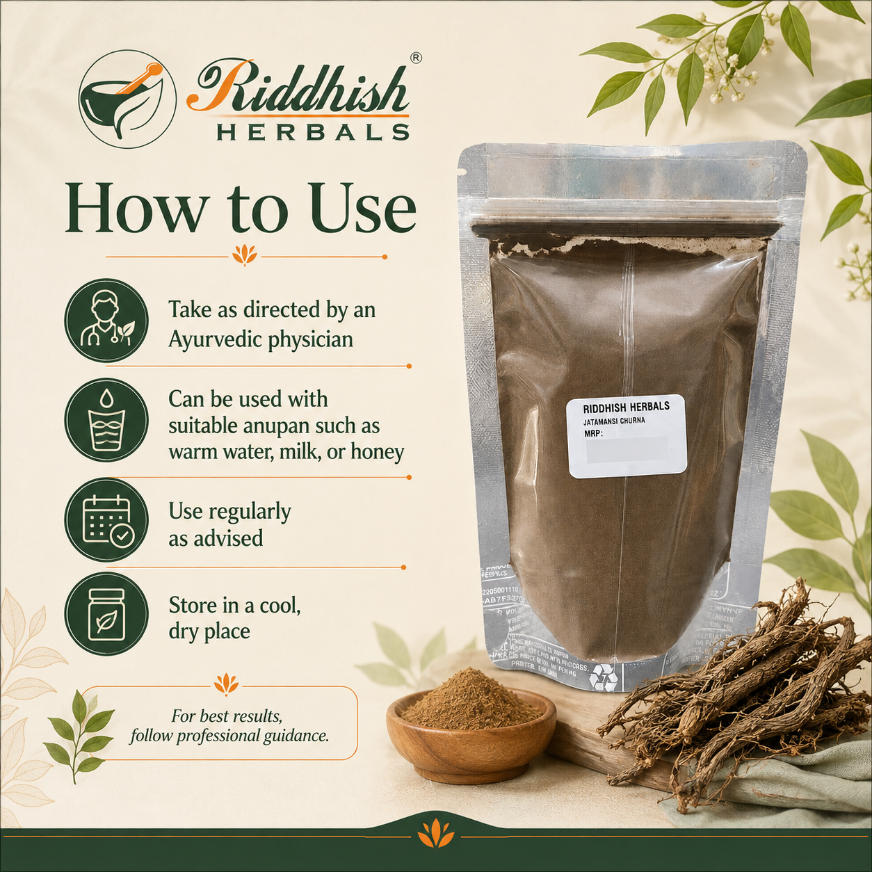 Riddhish Herbals Jatamansi Churna how to use infographic