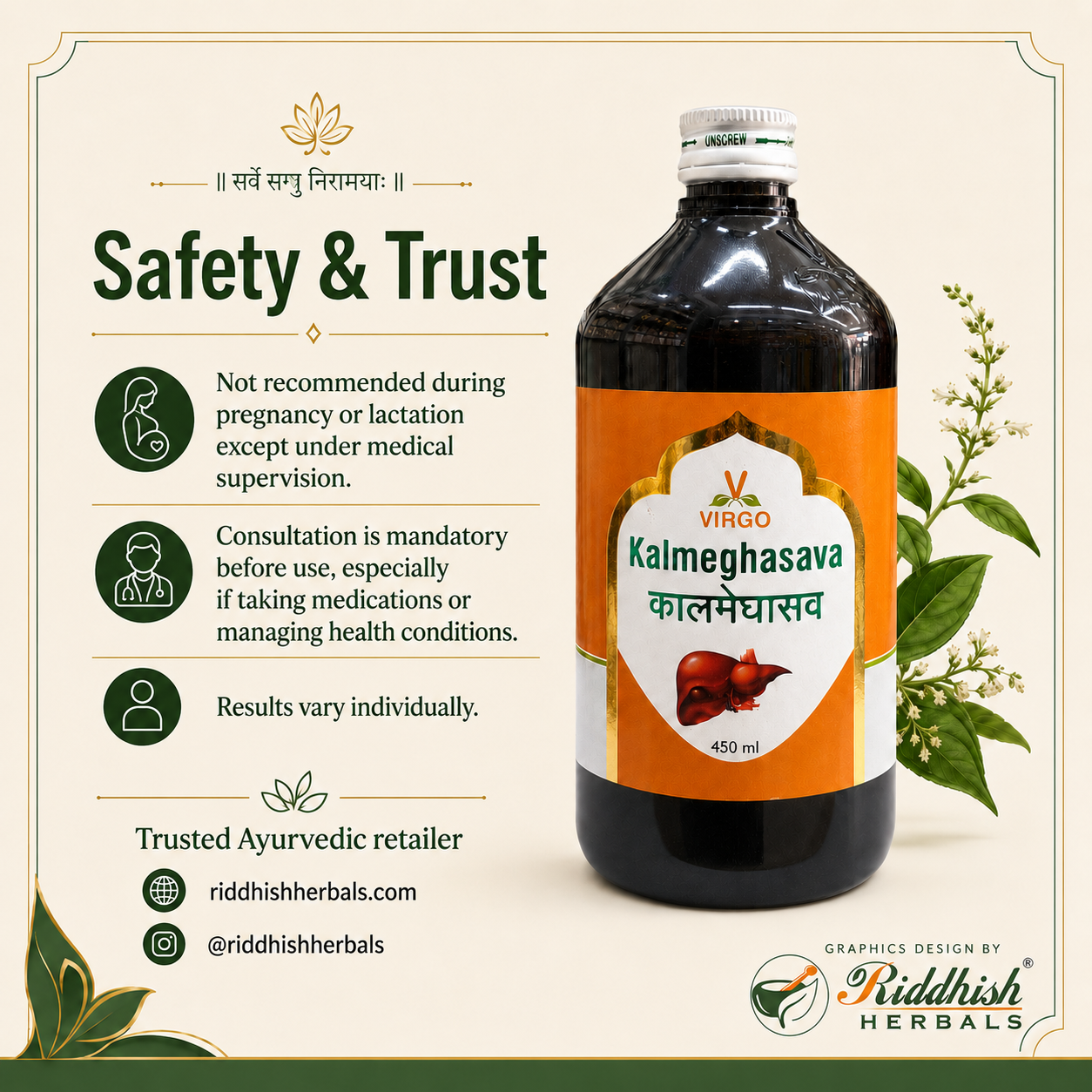 Kalmeghasava Virgo safety and trust physician consultation infographic by Riddhish Herbals