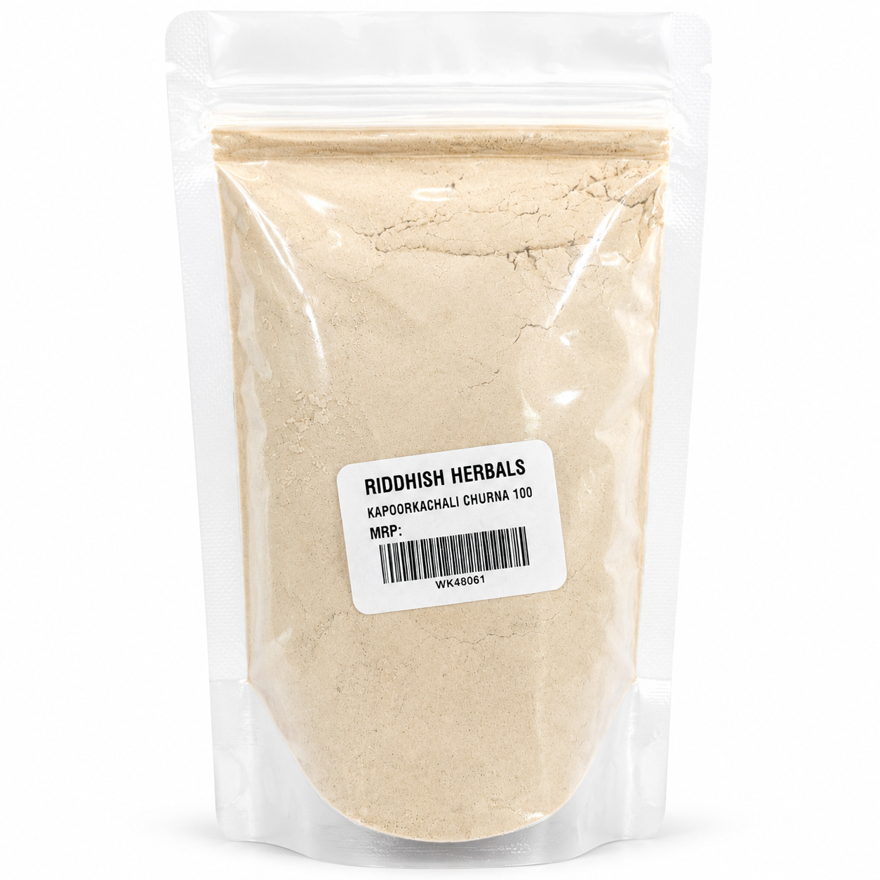 Kapoor Kachali Churna Riddhish Herbals front pouch mockup with MRP value removed