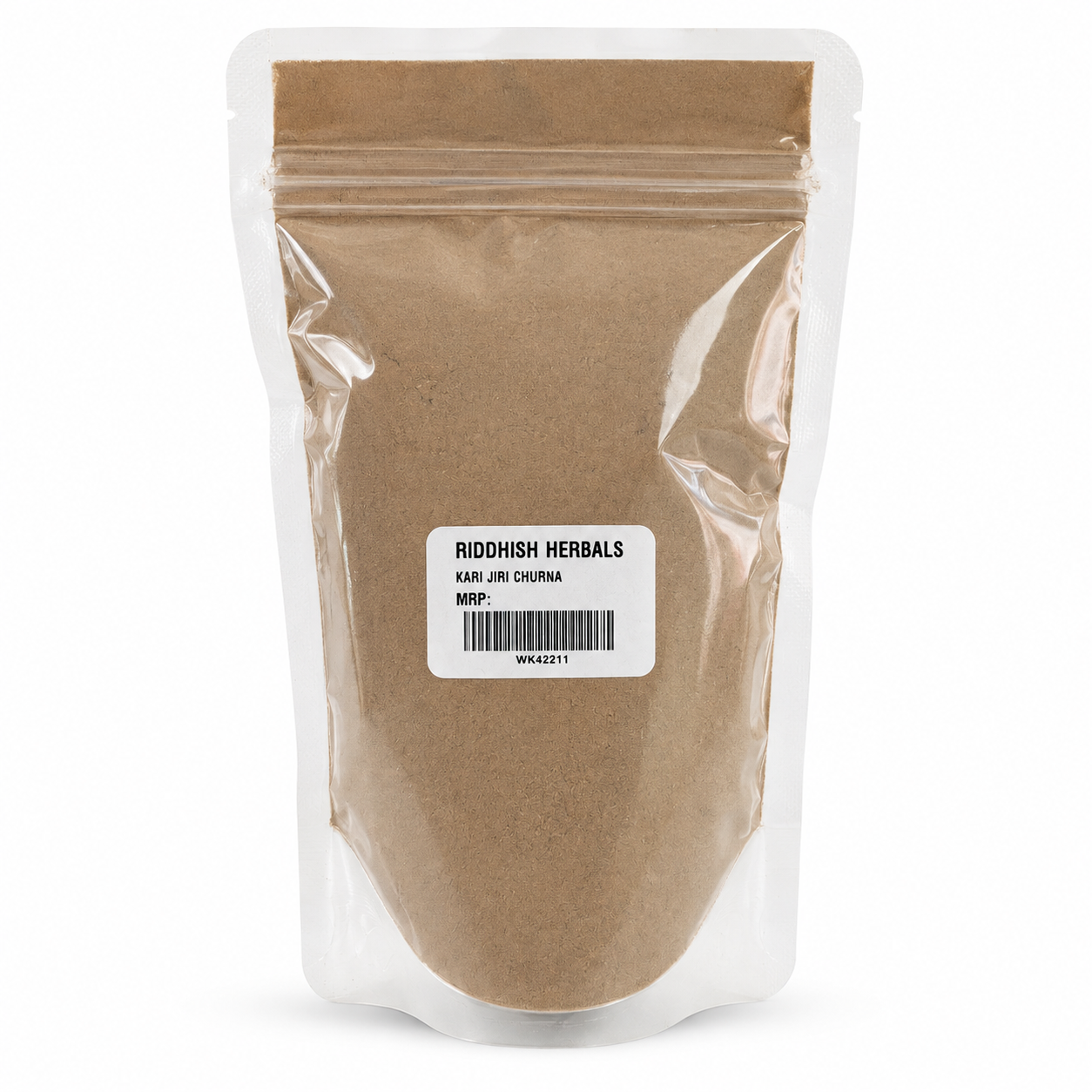 Kari Jiri Churna Riddhish Herbals front pouch mockup with MRP value removed