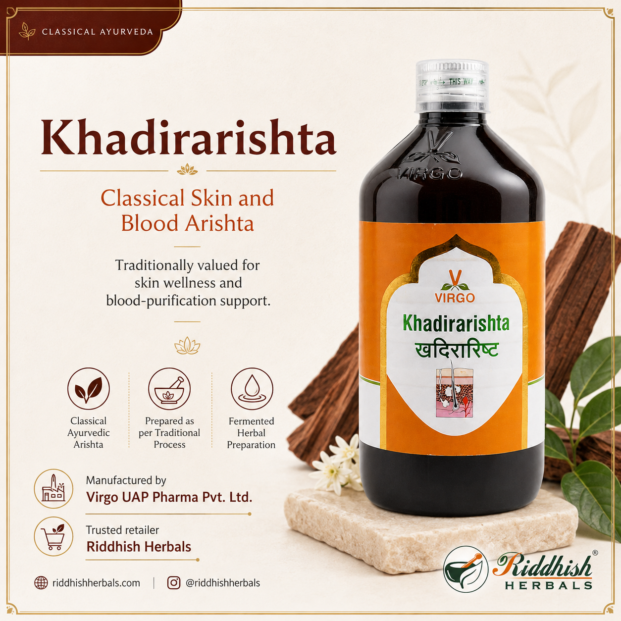 Khadirarishta Virgo classical skin and blood arishta hero infographic by Riddhish Herbals