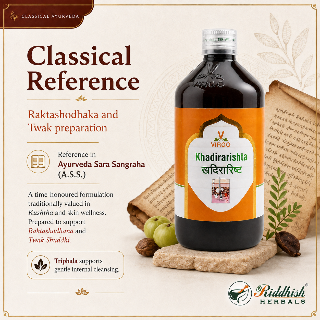 Khadirarishta Virgo classical reference Raktashodhaka Twak Ayurveda Sara Sangraha infographic