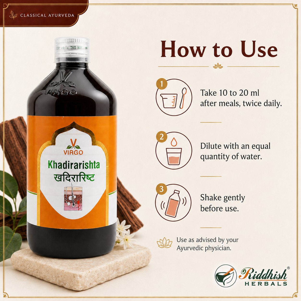 Khadirarishta Virgo traditional usage guidance how to use infographic