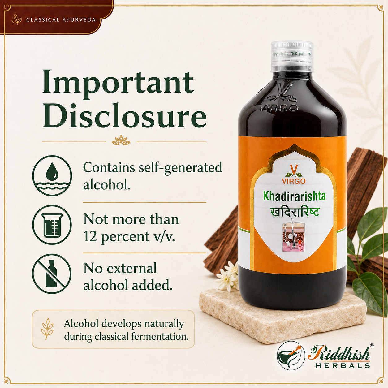 Khadirarishta Virgo self generated alcohol natural fermentation disclosure infographic