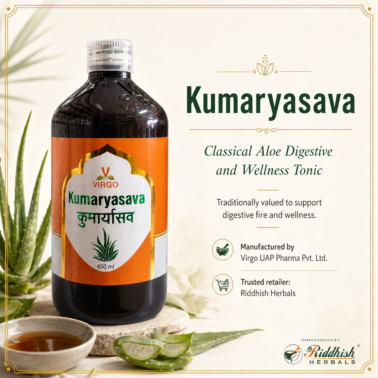 Kumaryasava Virgo classical Aloe digestive wellness tonic hero infographic by Riddhish Herbals