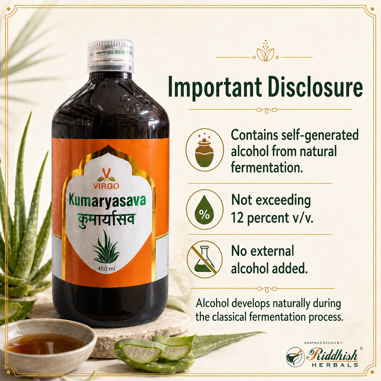 Kumaryasava Virgo self generated alcohol natural fermentation disclosure infographic