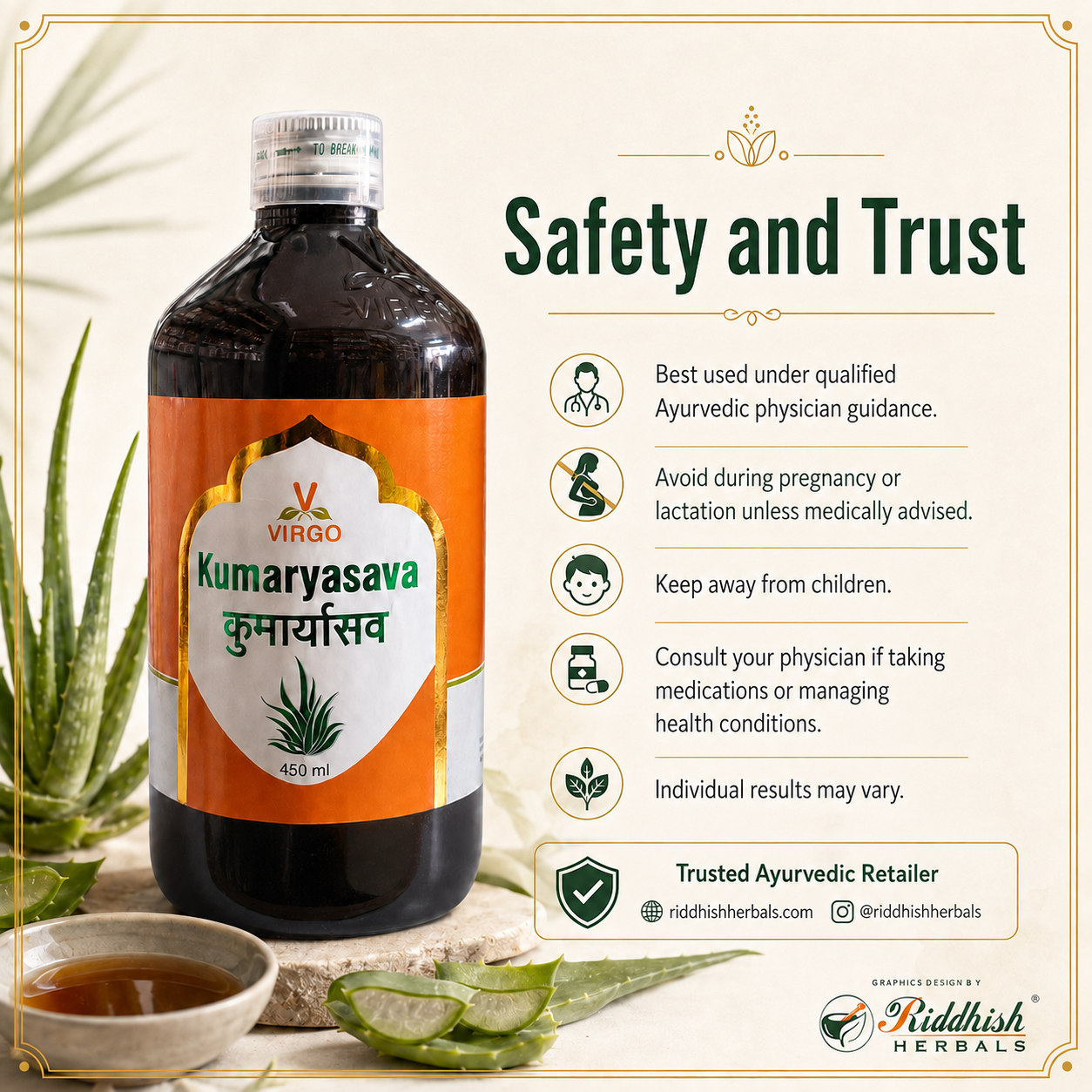 Kumaryasava Virgo safety and trust physician guidance infographic by Riddhish Herbals