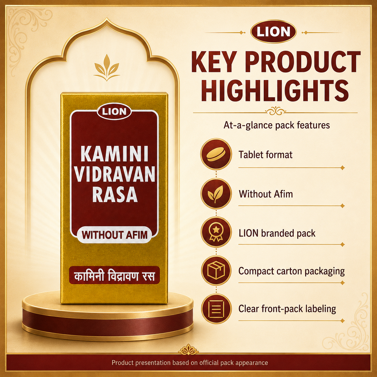 LION Kamini Vidravan Rasa key product highlights infographic