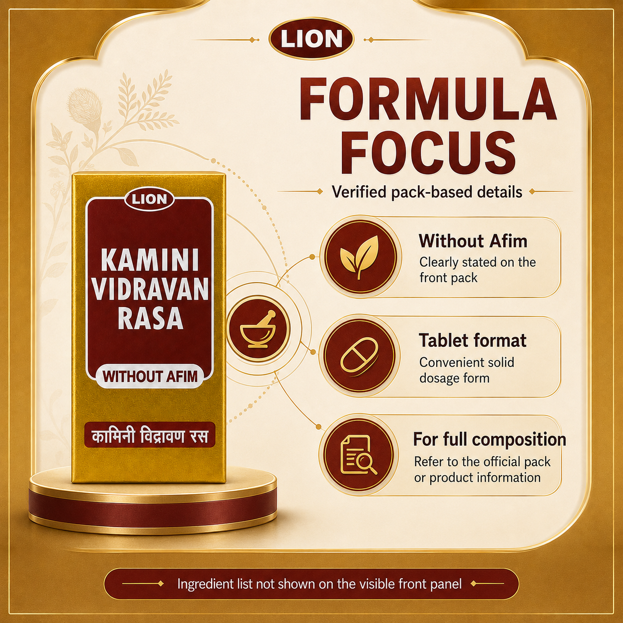 LION Kamini Vidravan Rasa formula focus infographic