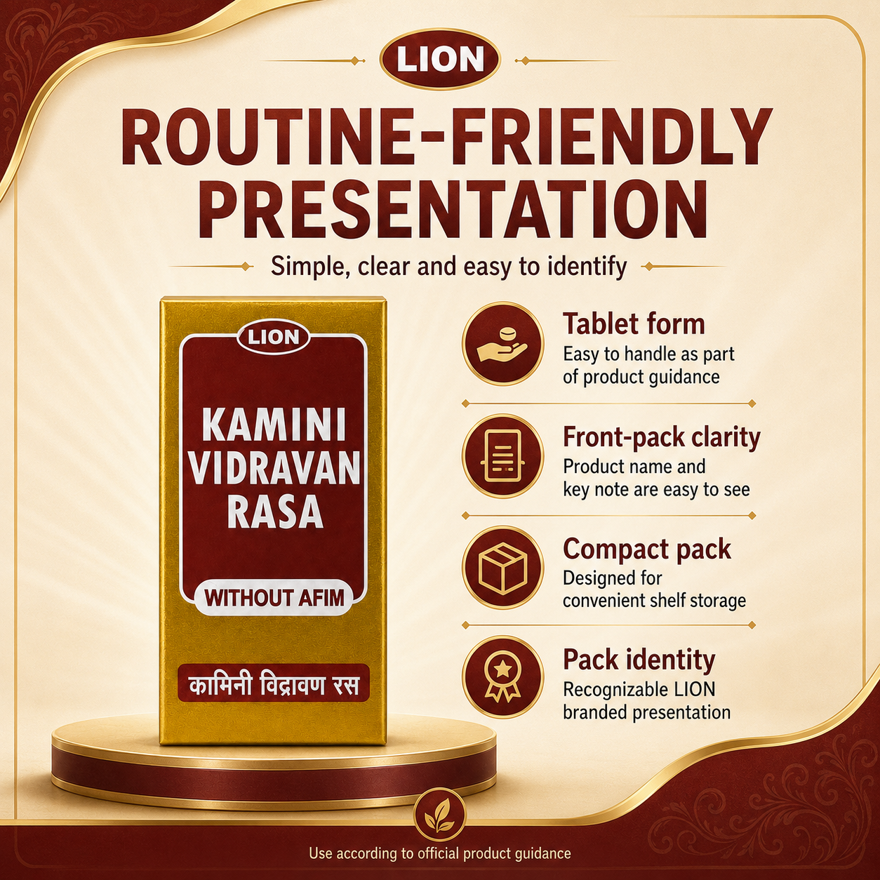 LION Kamini Vidravan Rasa routine-friendly presentation infographic