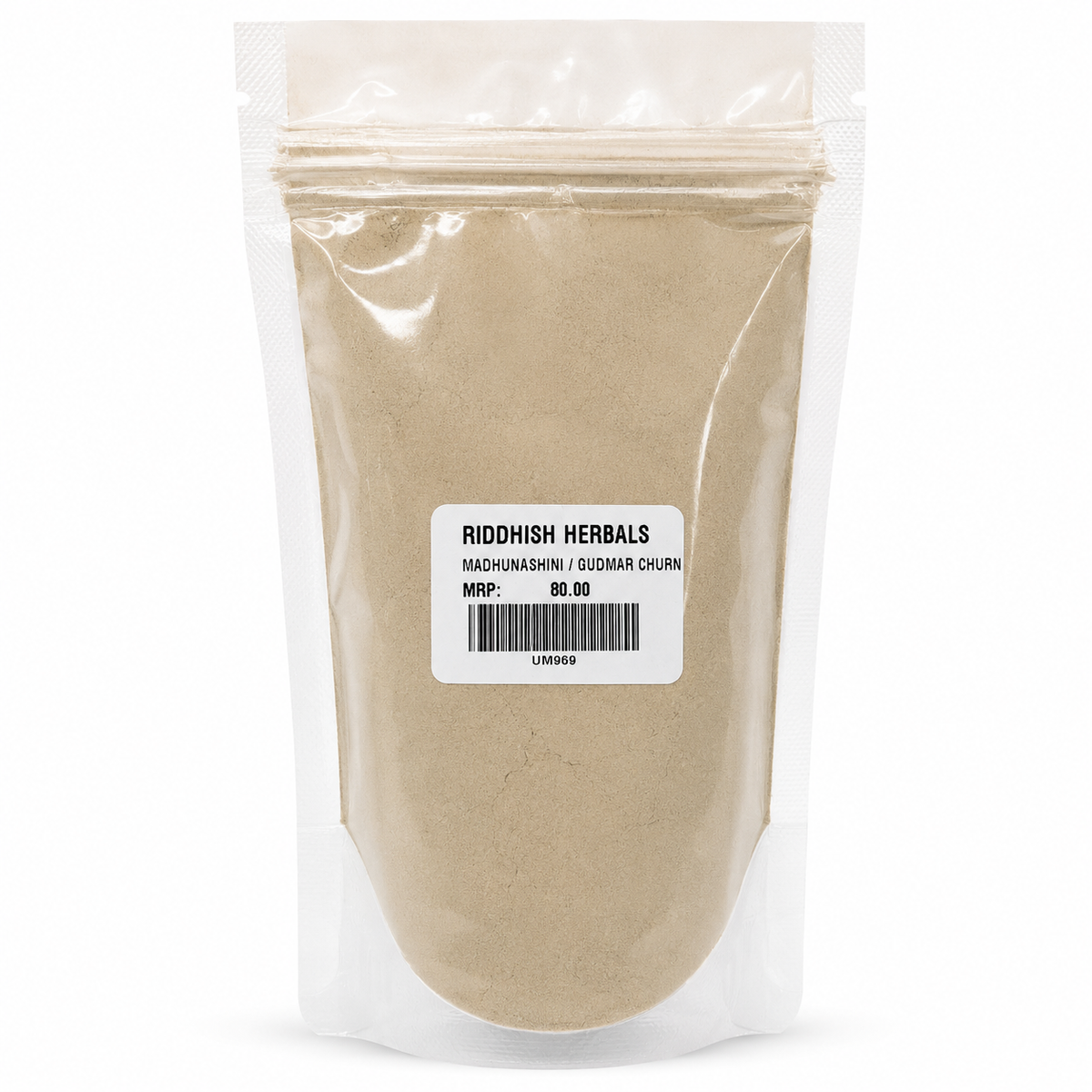 Madhunashini Gudmar Churna Riddhish Herbals front pouch mockup