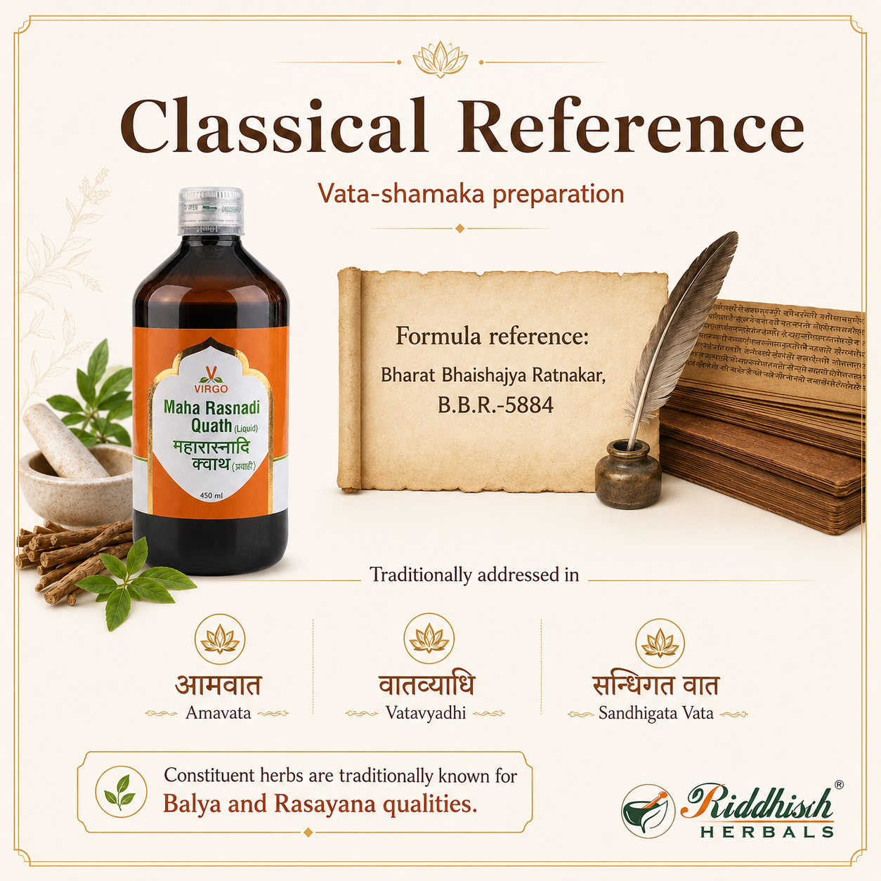Maha Rasnadi Quath Virgo classical reference Vata shamaka BBR 5884 infographic