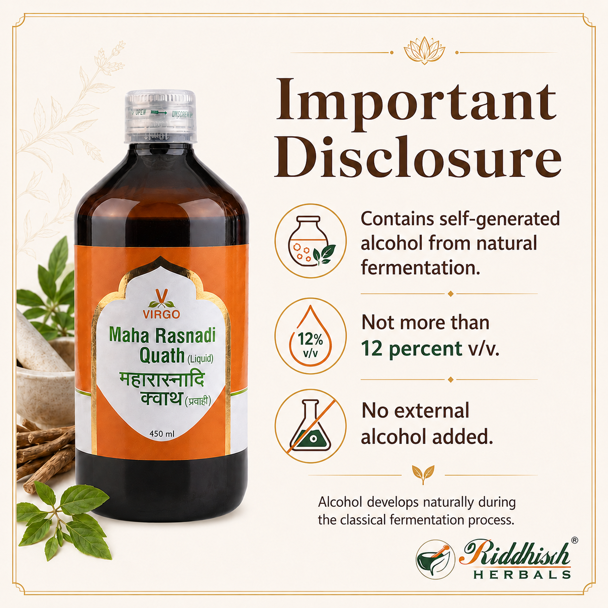 Maha Rasnadi Quath Virgo self generated alcohol natural fermentation disclosure infographic