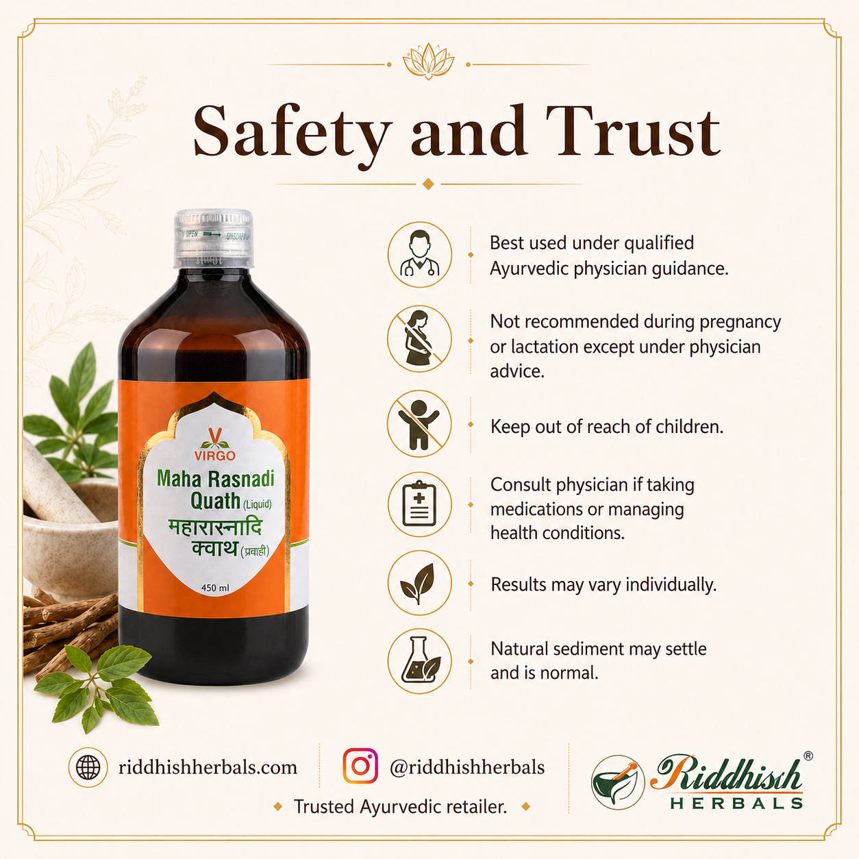 Maha Rasnadi Quath Virgo safety and trust physician guidance infographic by Riddhish Herbals