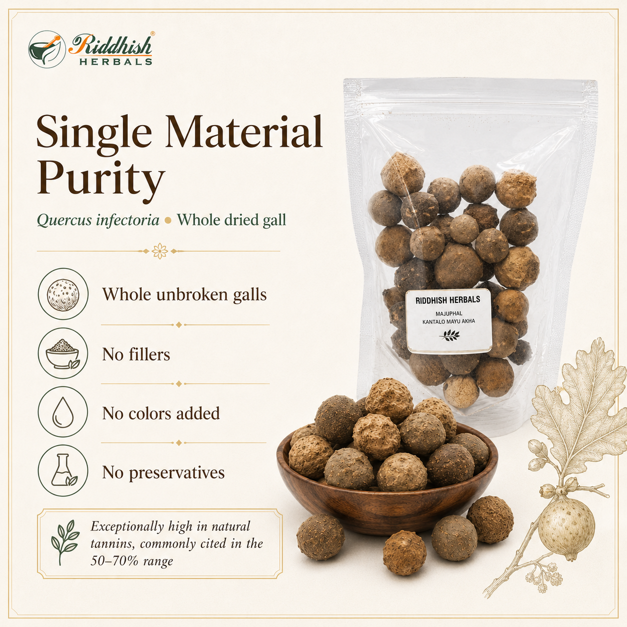 Majuphal single material whole unbroken oak galls no fillers colors or preservatives natural tannins infographic