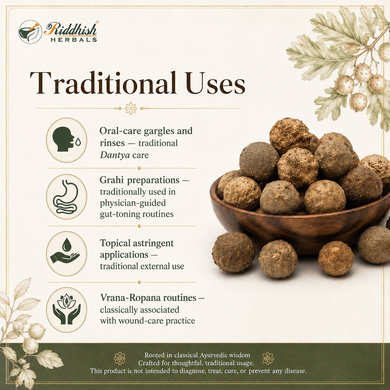 Majuphal traditional uses oral care gargle Grahi gut-toning topical astringent Vrana Ropana routines infographic