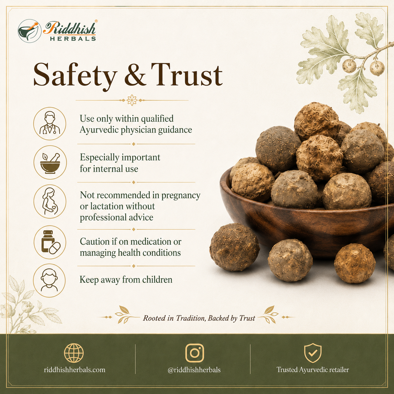 Majuphal safety and trust use within qualified Ayurvedic physician guidance Riddhish Herbals infographic