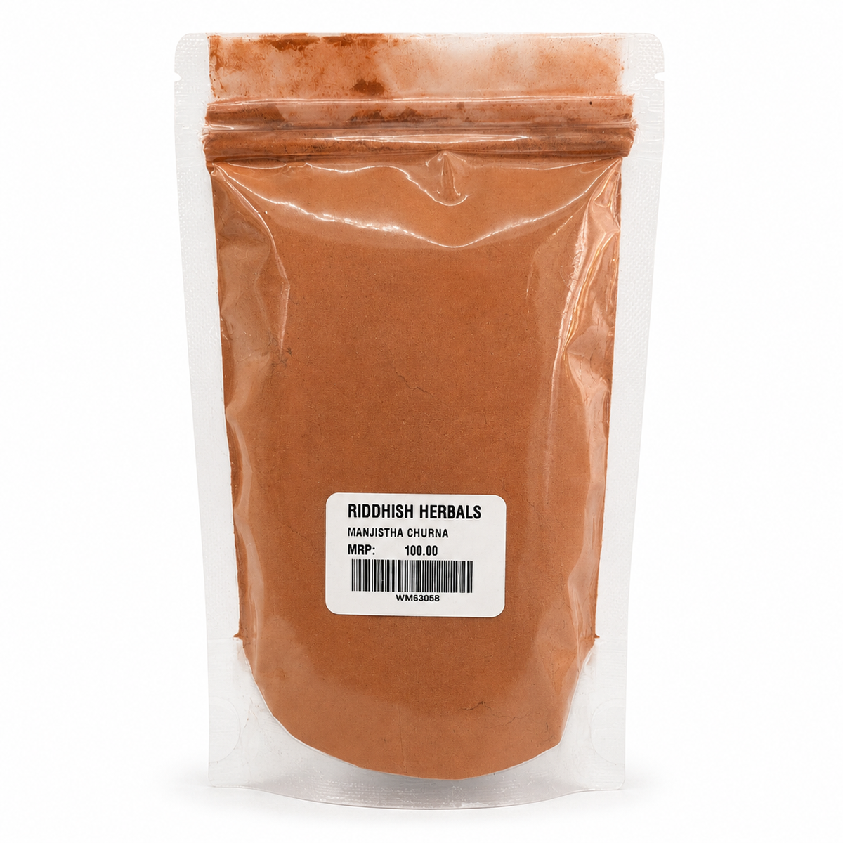 Manjistha Churna 100g front pouch mockup - Riddhish Herbals