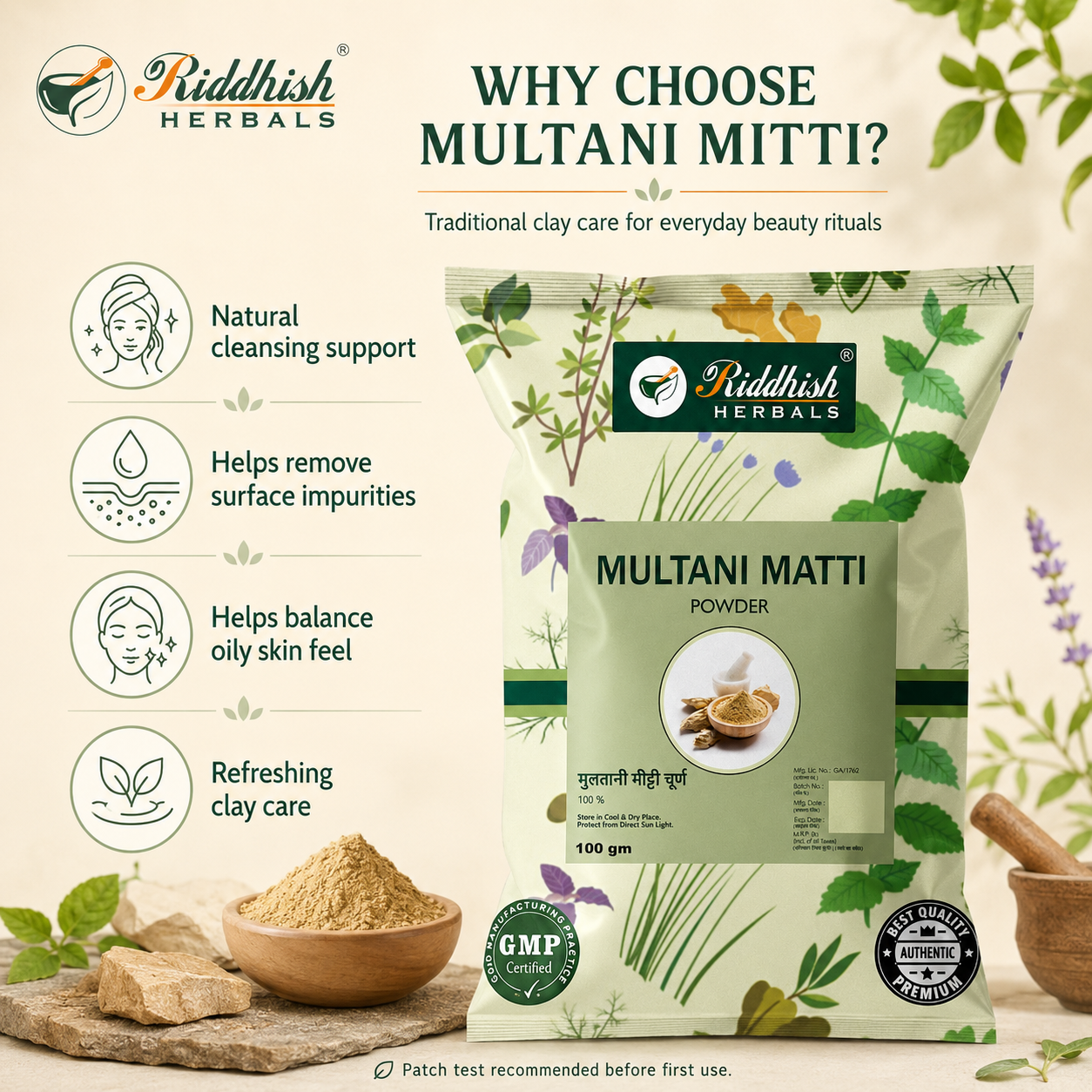 Riddhish Herbals Multani Mitti Powder traditional clay care infographic