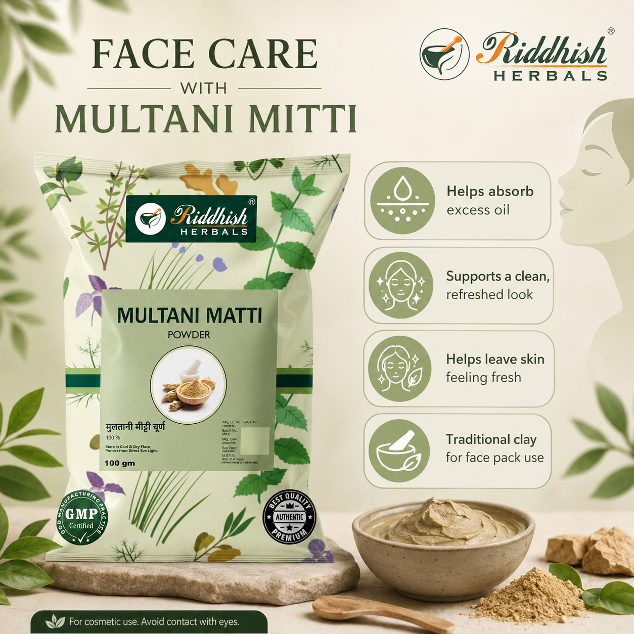 Riddhish Herbals Multani Mitti Powder face care infographic