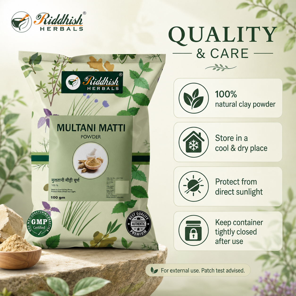 Riddhish Herbals Multani Mitti Powder quality and care infographic