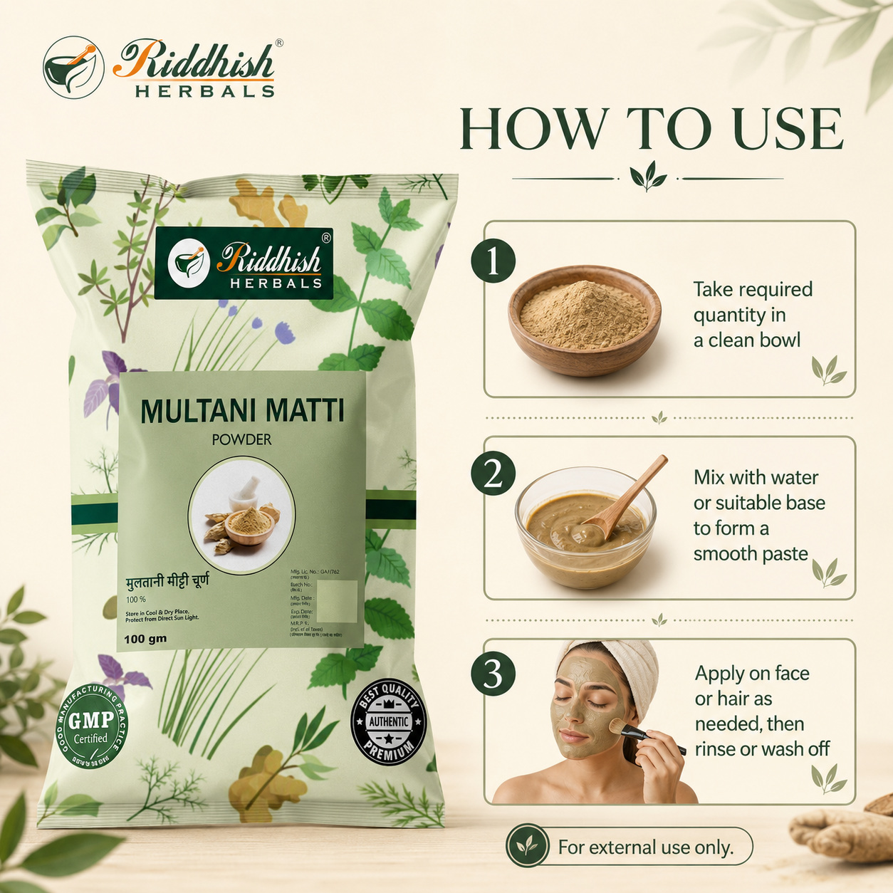 Riddhish Herbals Multani Mitti Powder how to use infographic