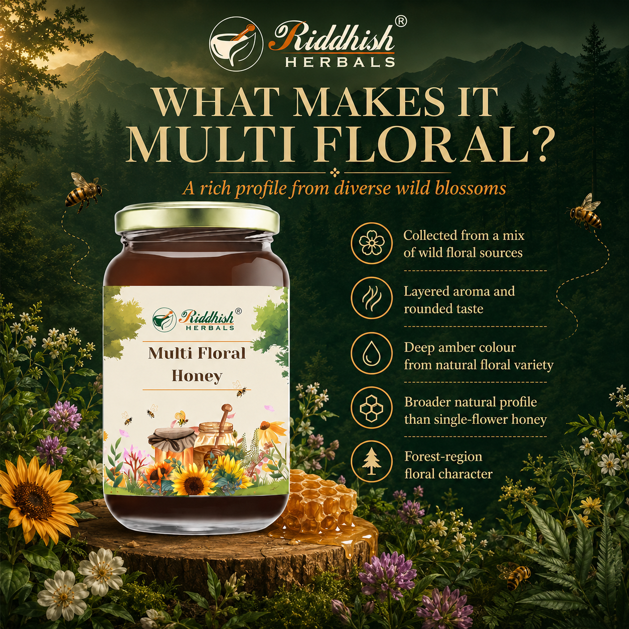 Riddhish Herbals Multi Floral Honey diverse wild blossoms infographic