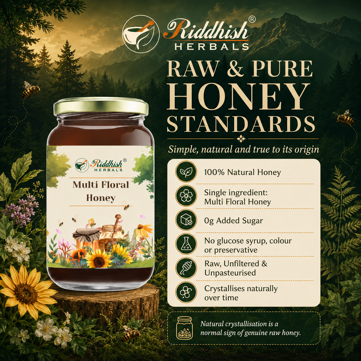 Riddhish Herbals Multi Floral Honey raw and pure standards infographic