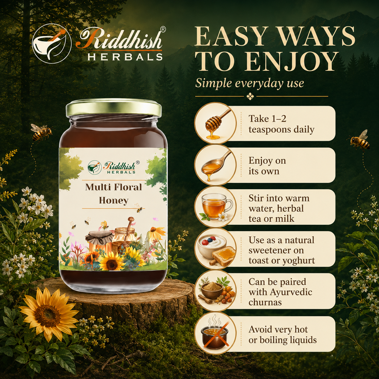 Riddhish Herbals Multi Floral Honey easy ways to enjoy infographic