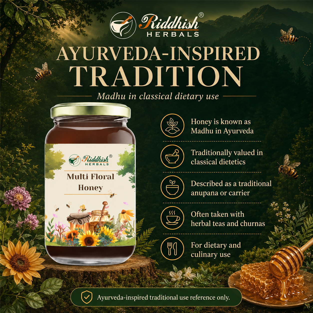 Riddhish Herbals Multi Floral Honey Ayurveda-inspired tradition infographic