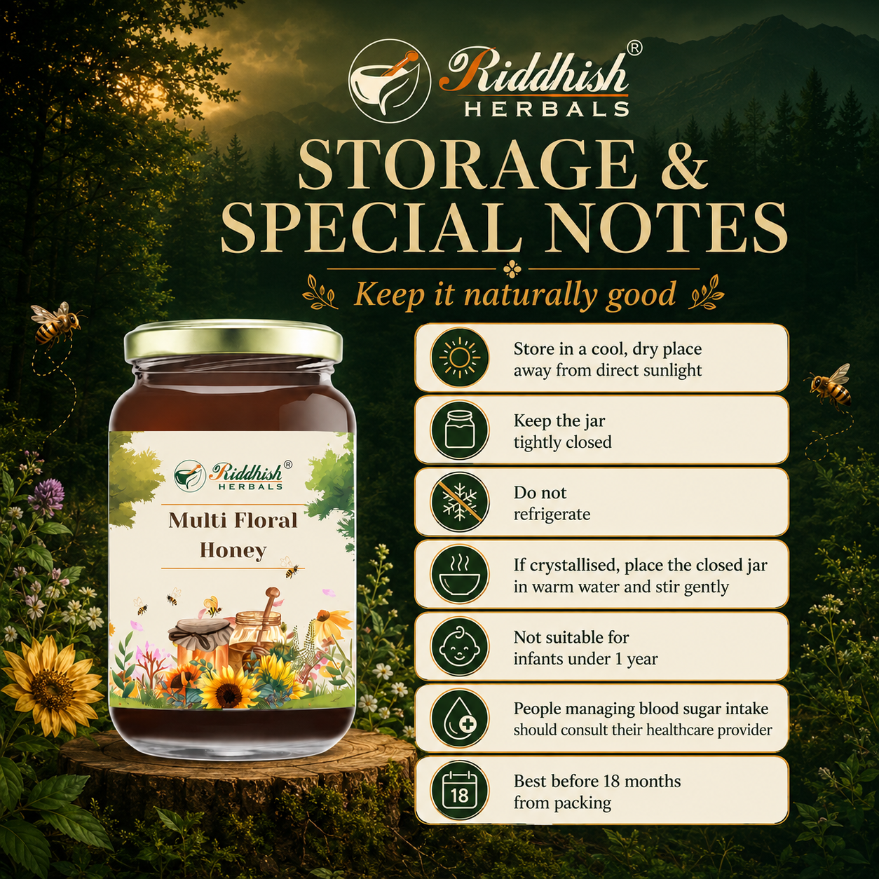 Riddhish Herbals Multi Floral Honey storage and special notes infographic