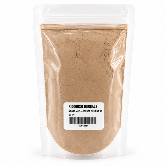 Nagarmotha Musta Churna 100g front pouch mockup - Riddhish Herbals