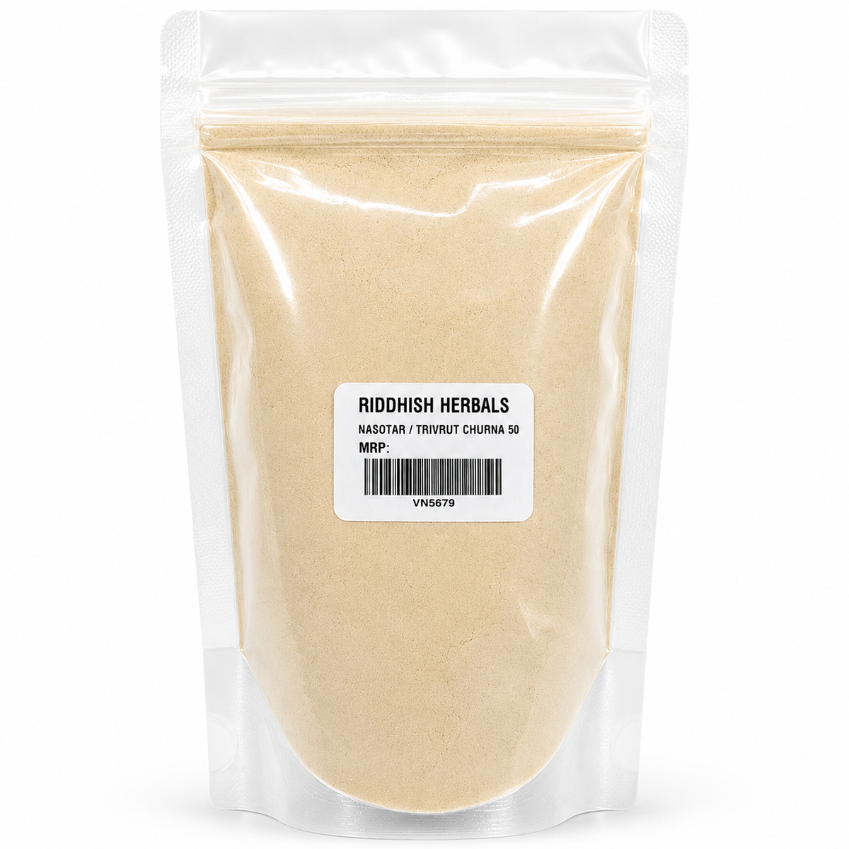 Nasotar Trivrut Churna Riddhish Herbals front pouch mockup with MRP value removed