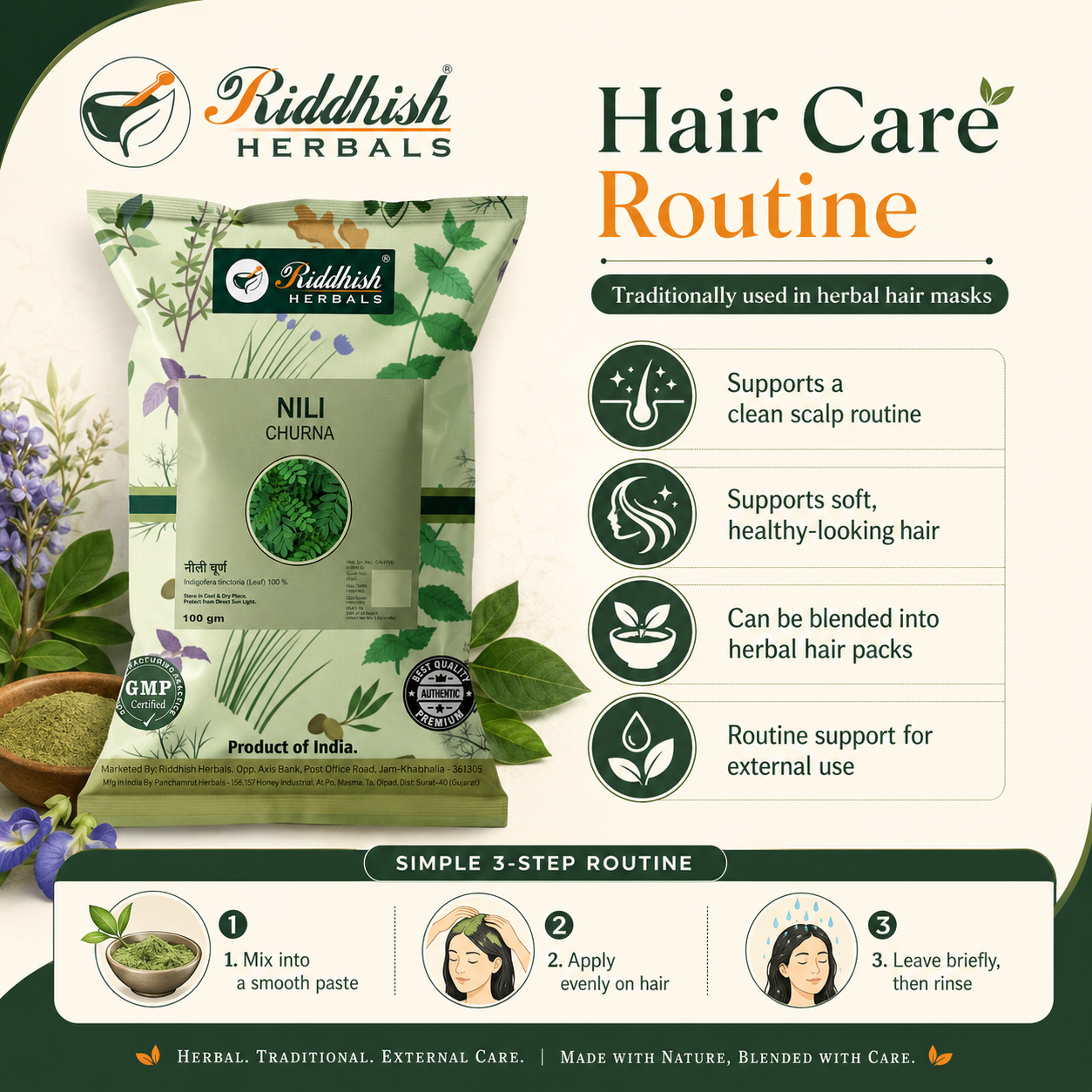 Nili Churna herbal hair care routine for external use by Riddhish Herbals