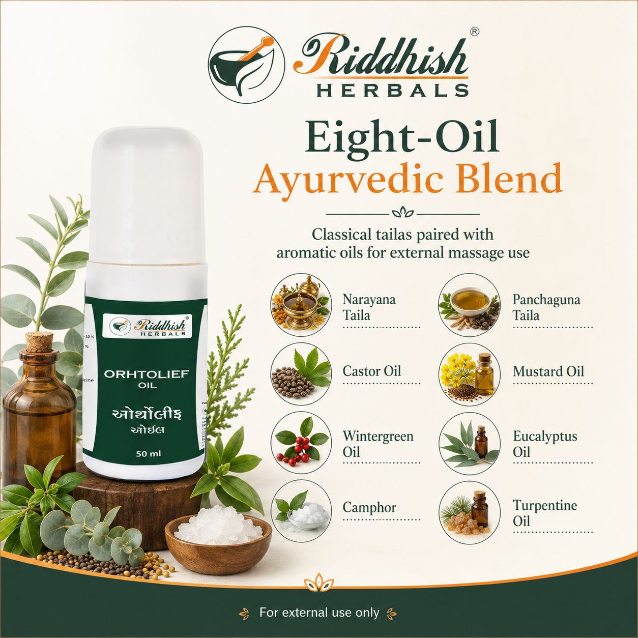 Ortholief Oil eight-oil Ayurvedic blend with Narayana Taila Panchaguna Taila castor mustard wintergreen eucalyptus camphor and turpentine