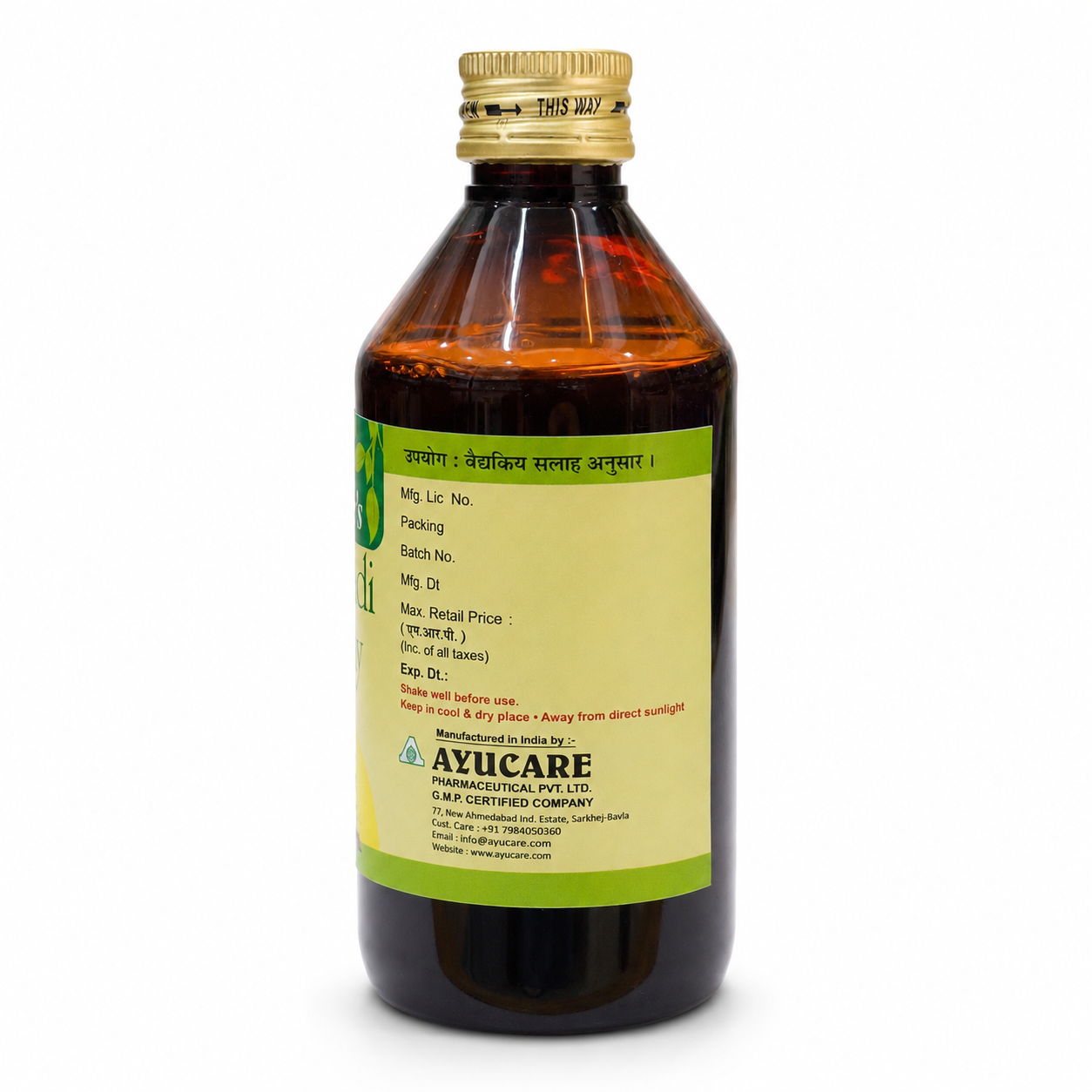 Ayucare Pathyadi Kashaya 200ml manufacturer and batch information side on white background