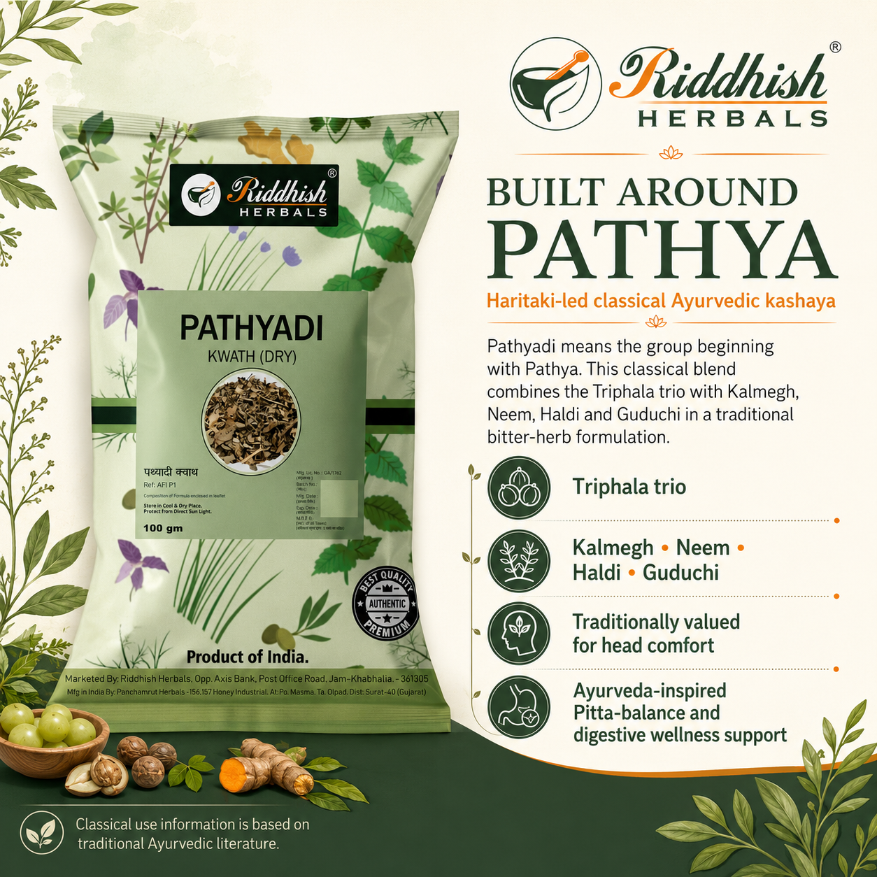 Pathyadi Kwath Haritaki-led classical Ayurvedic kashaya infographic
