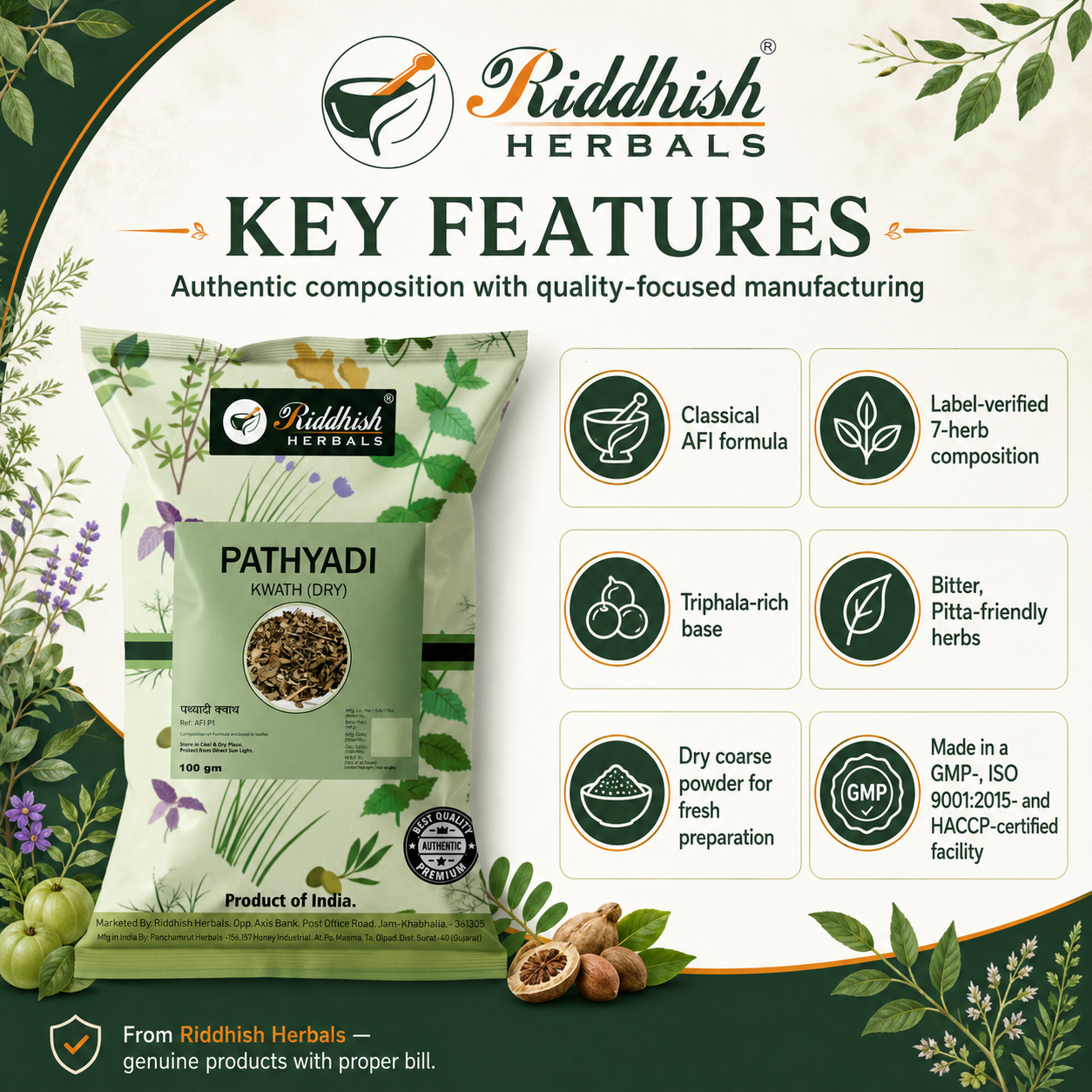 Pathyadi Kwath key features and quality-focused manufacturing infographic