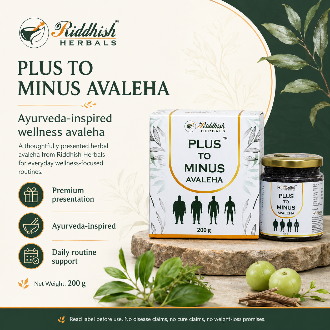 Plus To Minus Avaleha 200g Ayurveda-inspired wellness product infographic