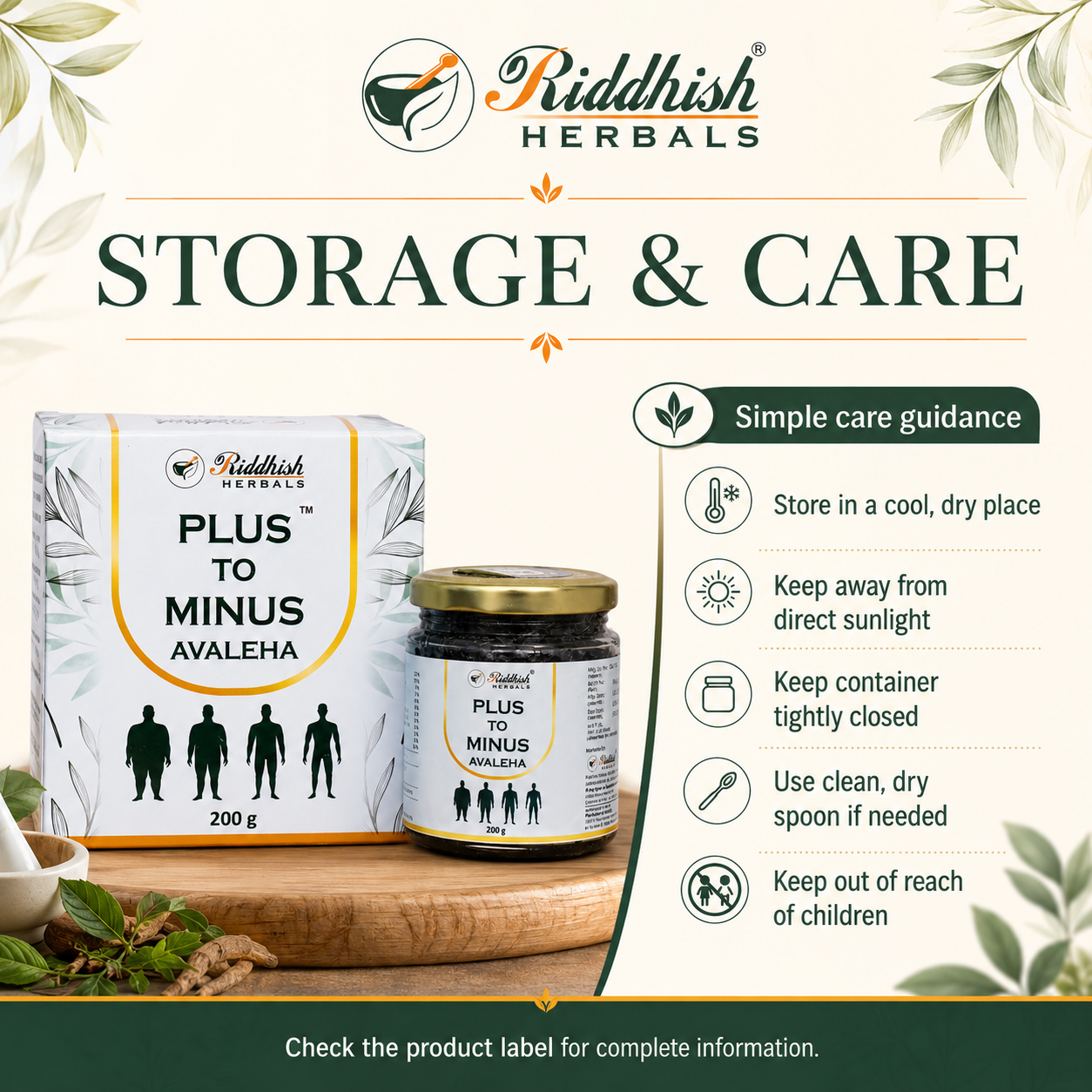 Plus To Minus Avaleha storage and care guidance infographic