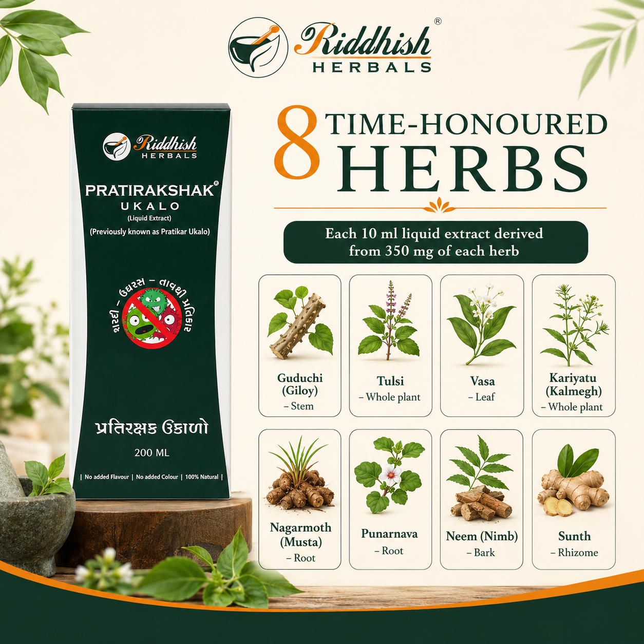 Pratirakshak Ukalo Liquid eight-herb composition infographic with Guduchi Tulsi Vasa Kariyatu Nagarmoth Punarnava Neem and Sunth