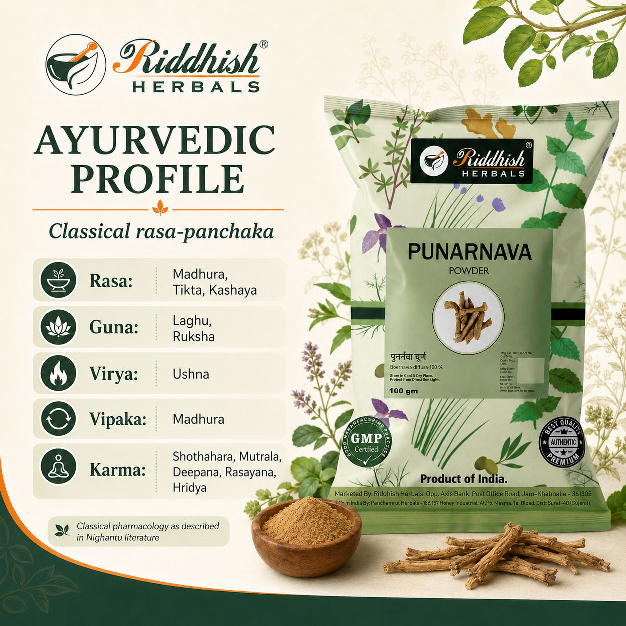 Punarnava Churna Ayurvedic profile infographic with rasa guna virya vipaka and karma